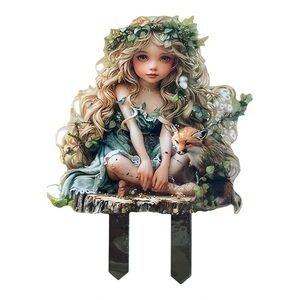 Fairy Garden Stake Acrylic Pixie Girl Fox Outdoor Yard Decor Cottagecore
